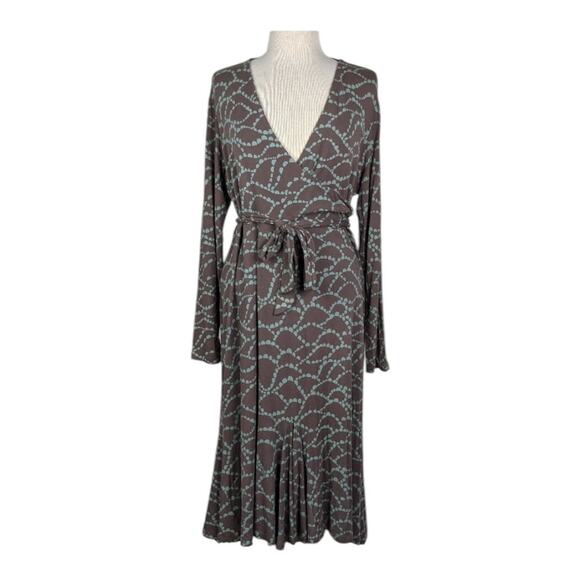Boden Paris Jersey Faux Wrap Dress Brown Blue 6 LONG V-Neck Tie Sleeve Midi - Picture 2 of 6